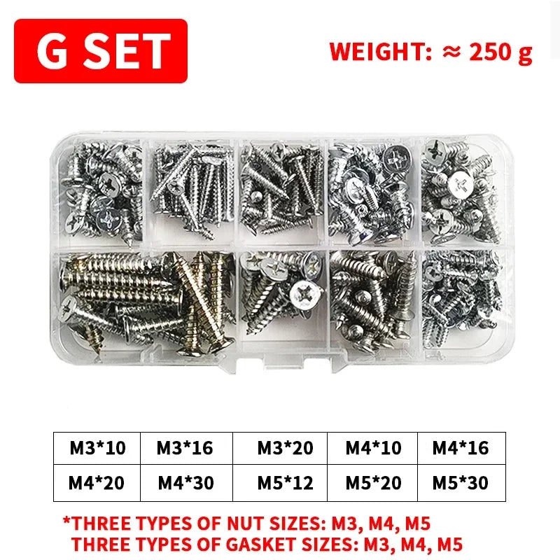 M3-M6 Phillips Pan Head Self-Tapping Screw Assortment Kit with Nuts & Washers - Stainless Steel Fastener Set for DIY/Machinery