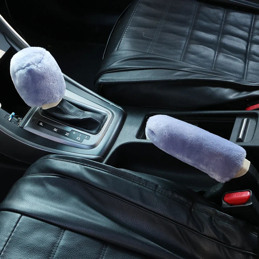 2Pcs Car Handbrake Grip Covers Gear Shift Knob Cover Handle Plush Sleeve Winter Soft Warm Hand Brake Interior Gear Shift Collars