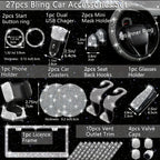 Car Accessories Set 27/4Piece Women Bling Universal Fit Polyester Steering Cover Shiny License Frame Phone Holder Coasters Tools