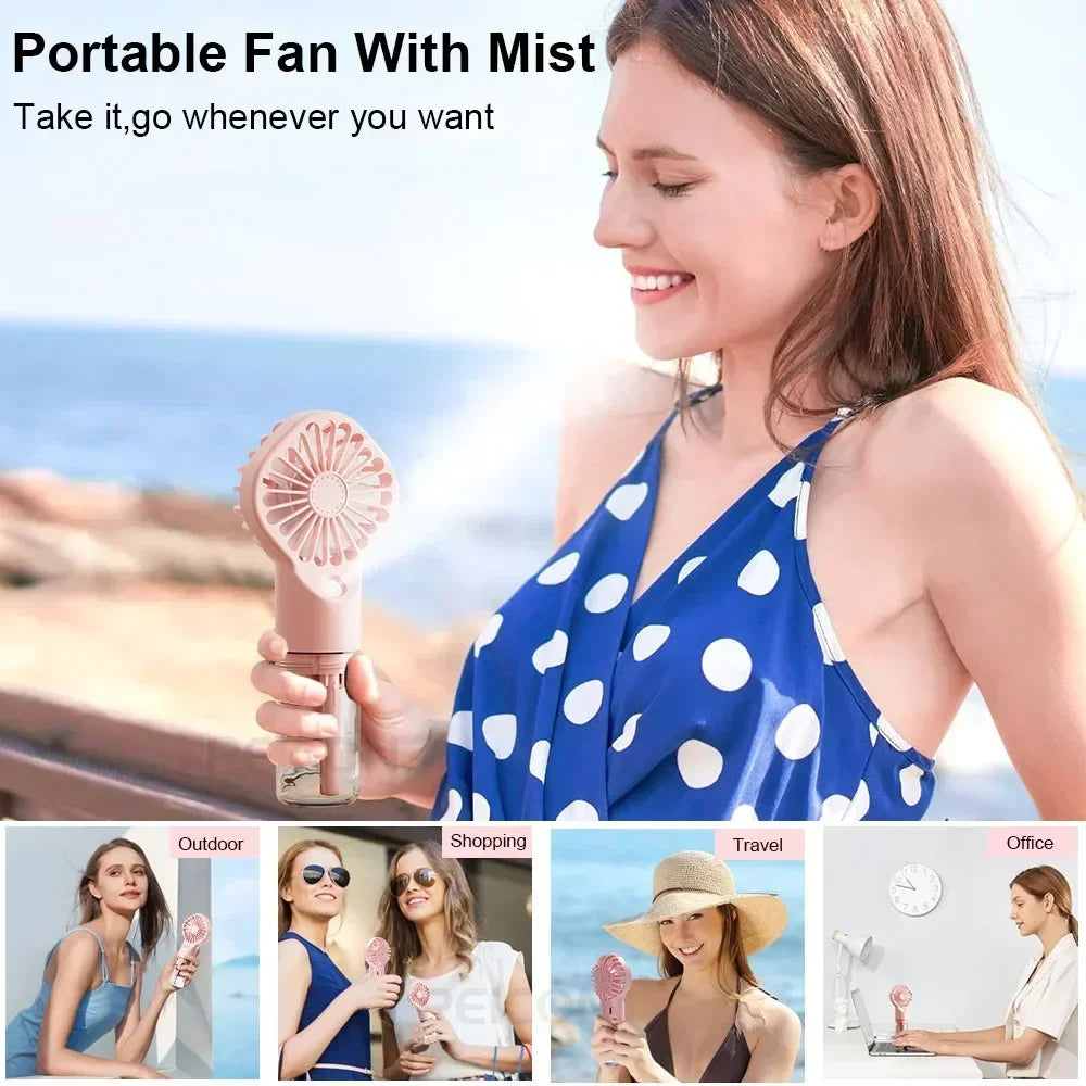 Portable Humidifier Fan Mini Handheld Mist Fan USB Rechargeable Portable Small Pocket Mini Water Humidifier Cooling Motorcycle
