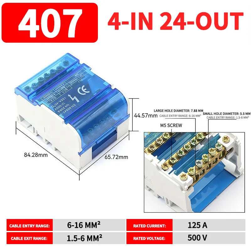 UK207 UK211 UK215 UK407 UK411 UK415 DIN Rail Terminal Block 125A Electrical Junction Box 1 In 2/4/6 Out Distribution Box