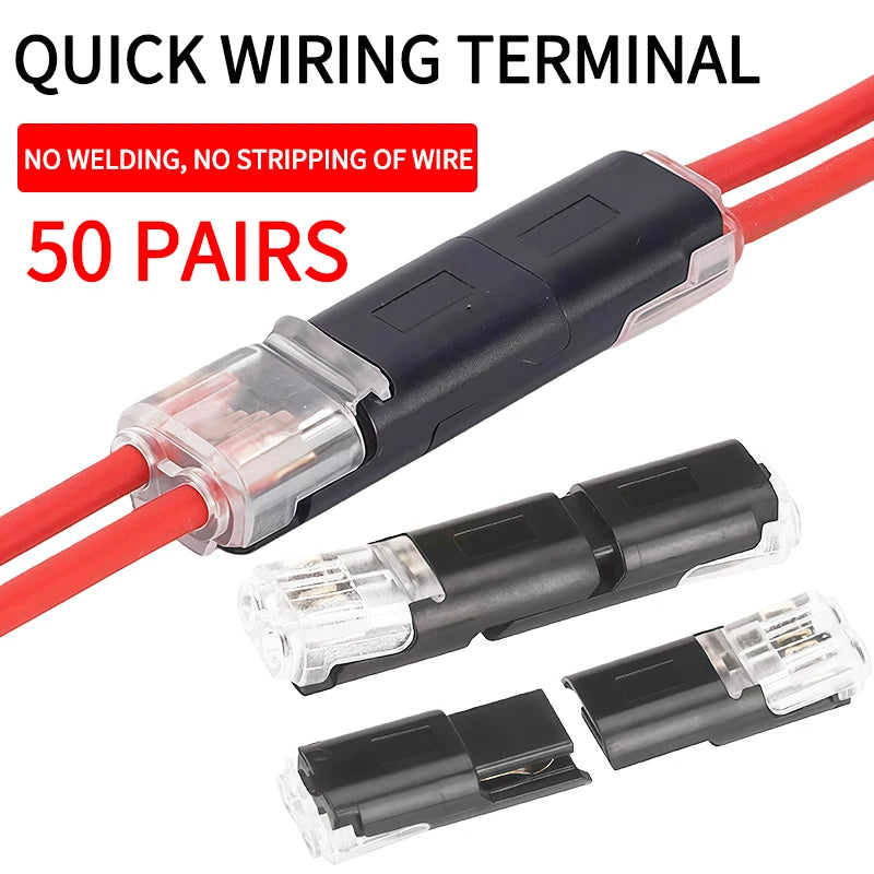 50 Pairs 2 Pin Solderless LED Wire Connector, Insulation Piercing Strip-Free Quick Plug Terminal for LED Light Cable Connection