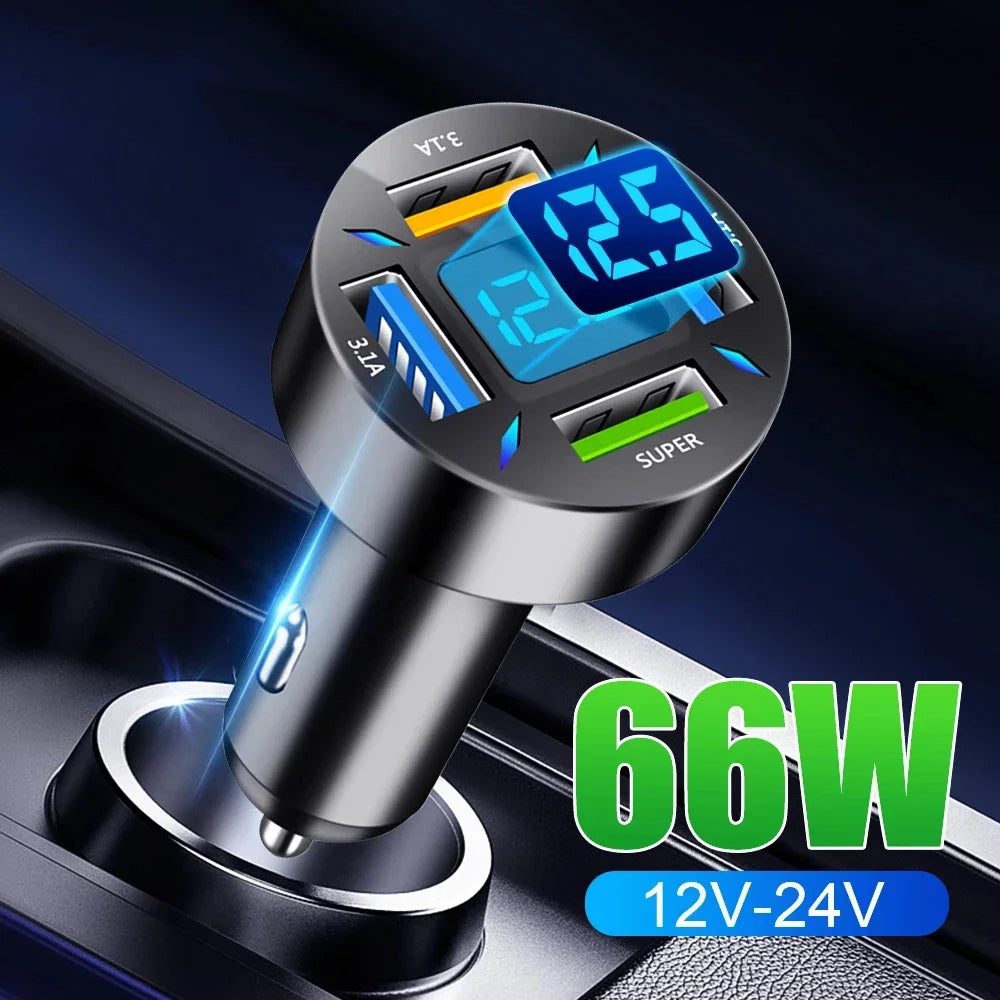 66W USB Type C Fast Charger For Car PD 4 USB Car Quick Charge QC3.0 12/24 V Cigarette Lighter Charger Adapter For iPhone Xiaomi