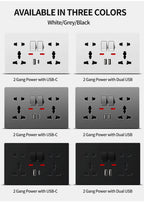 Universal Wall Socket with USB-C and USB Charger, 2 Gang Power Outlet with Switches, Flush Mount AC 110–250V for Home Office Use