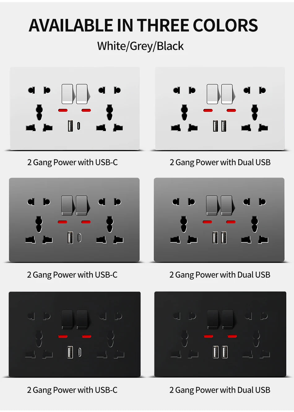 Universal Wall Socket with USB-C and USB Charger, 2 Gang Power Outlet with Switches, Flush Mount AC 110–250V for Home Office Use