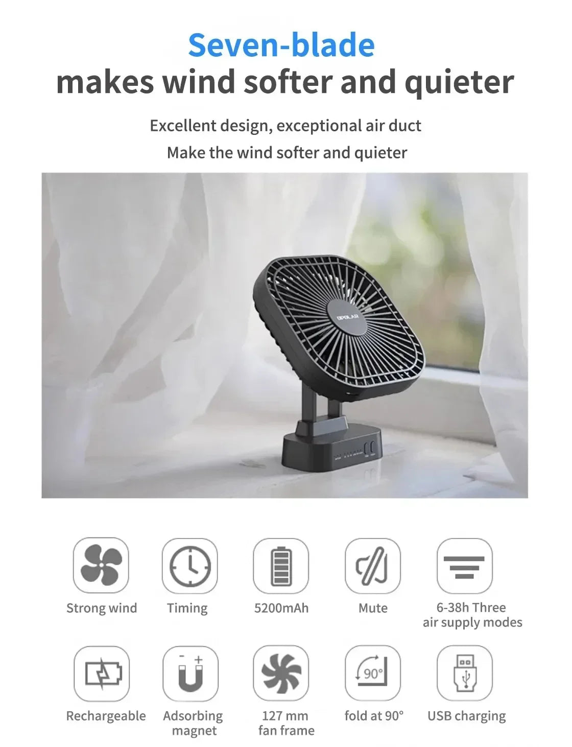 AD-Desktop Mini Rechargeable USB Fan With Timer Foldable 3 Speed 7 Leaf Portable Quiet Fan For Office Outdoor Camping Amagi