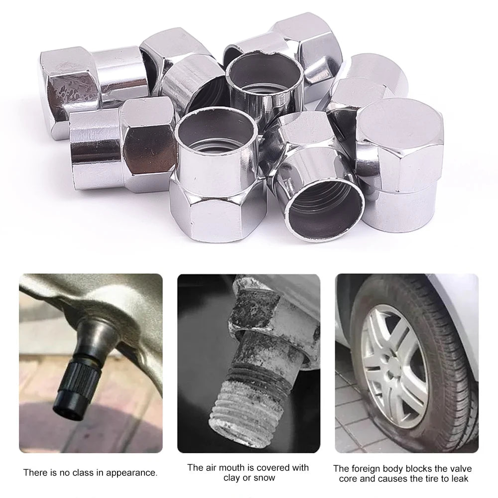 20/10Pcs Car Flat Head Valve Cap Universal Hexagonal Chrome Plated Dust Wheel Nozzle Decor Tyre Valve Stem Caps Auto Accessories