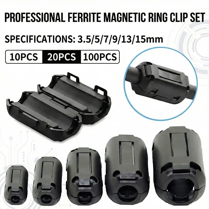 10/20/100PCS Snap-On Ferrite Core Clamp, 3.5–15mm Ring Magnetic Bead EMI RFI Noise Filter Choke for USB Power Audio Video Cables