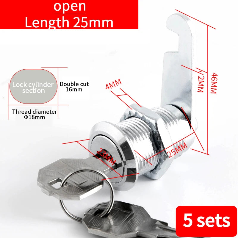 Cabinet Cam Lock Set, 5 Pack Two-Sided Keyed Alike 16MM-30MM Cylinder Cam Locks Secure Mailbox File Drawer Compartment Lock