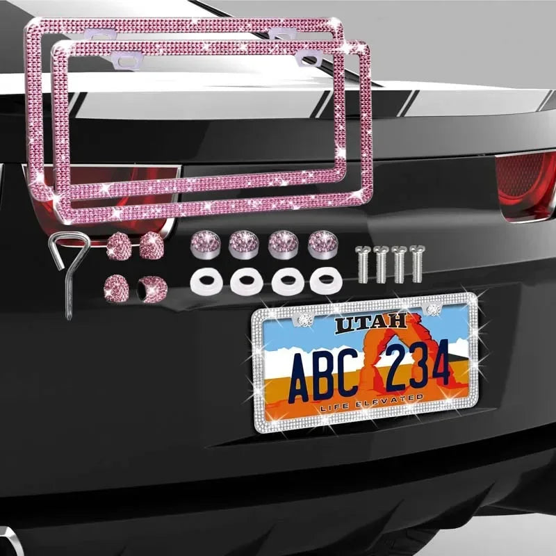 Car Glitter Crystal Sticker License Plate Frame Women's License Plate Frame Auto Parts 12.2*6.3in Three Colors Optional Amagi