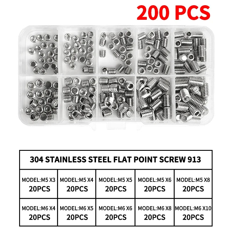 M3 - M10 Sizes DIN913 Hex Socket Allen Flat Point Grub Bolt Assortment - Black Steel & 304 Stainless Steel Mix