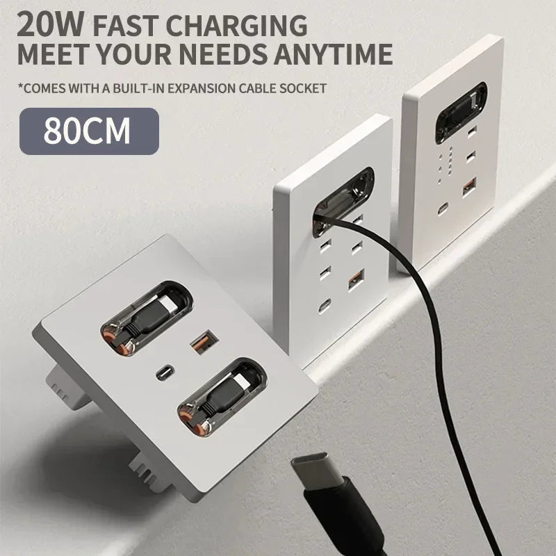 86-Type Wall Socket Panel with 20W USB-C PD & USB-A Ports | 80CM Retractable Cable for iPhone/Android Fast Charging