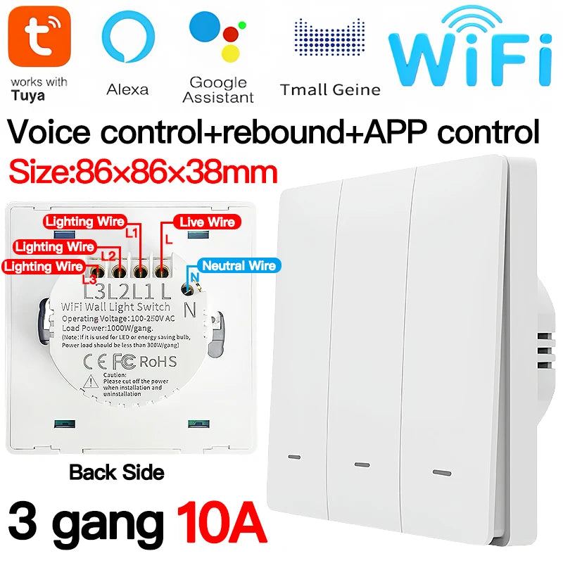 Tuya ZigBee Smart Light Switch No Neutral Wire No Capacitor Needed,1/2/3 Gang Wall Touch Interrupter Work with Alexa Google Home