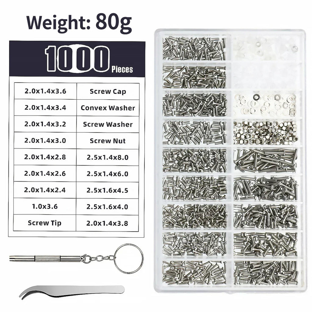 Glasses Watch Repair Kit 1000pcs Screws, Dual Head Screwdrivers & Precision Tweezers Set for Eyewear Jewelry Fix Tools with Case