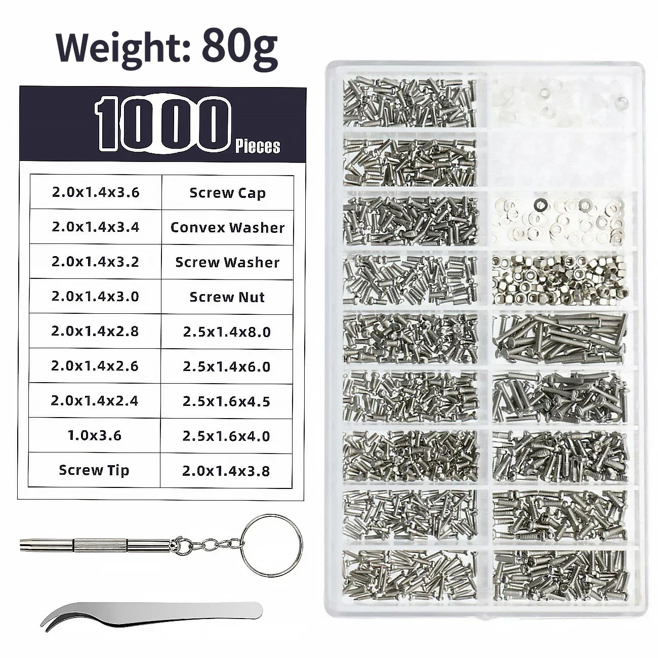 Glasses Watch Repair Kit 1000pcs Screws, Dual Head Screwdrivers & Precision Tweezers Set for Eyewear Jewelry Fix Tools with Case
