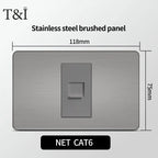 Stainless Steel Wall Socket 118x75mm Italian-Style with USB-C & Schuko Chilean Plug - Brushed Finish for Home/Office