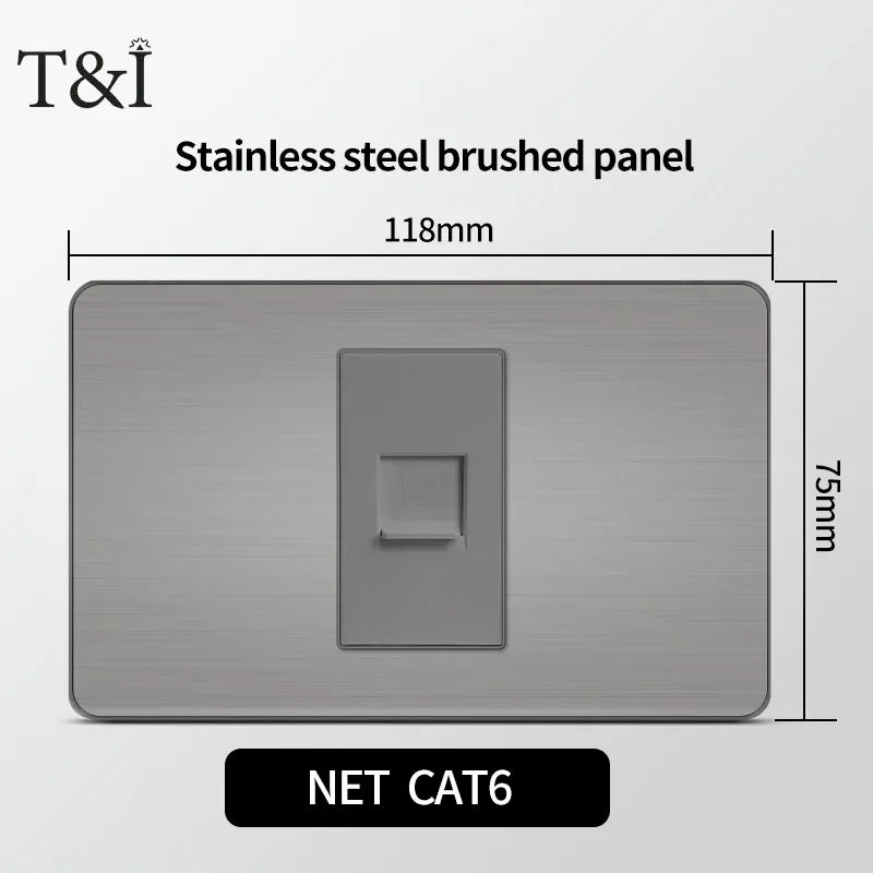 Stainless Steel Wall Socket 118x75mm Italian-Style with USB-C & Schuko Chilean Plug - Brushed Finish for Home/Office