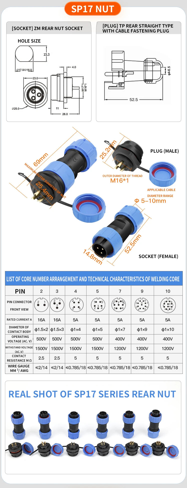 SP21 SP20 SP17 SP16 SP13 Docking 2P 3P 4P 5P 6P 7 12Pin IP68 Waterproof Aviation Connector,Panel Mount Connector Plug and Socket