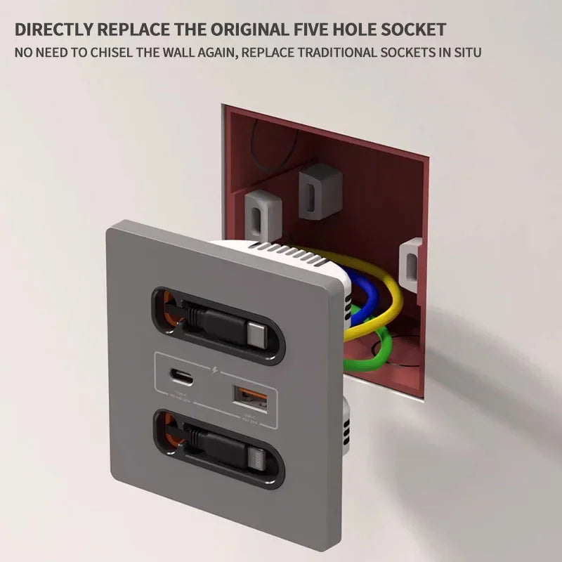 86-Type Wall Socket Panel with 20W USB-C PD & USB-A Ports | 80CM Retractable Cable for iPhone/Android Fast Charging