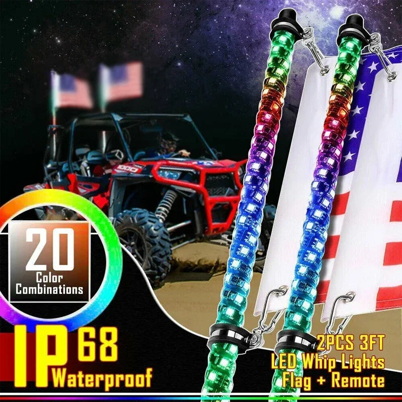 3FT Spiral Whip Lights Remote Control Turn Signal Brake Function Dream-Color Dancing For UTV RZR Can-Am SxS Sand Dune Buggy Truc