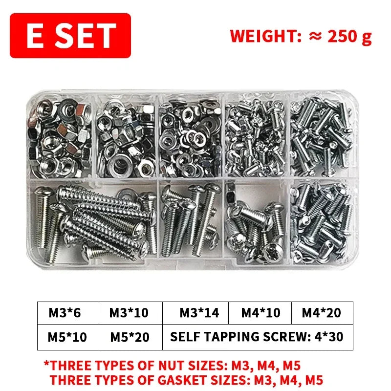 M3-M6 Phillips Pan Head Self-Tapping Screw Assortment Kit with Nuts & Washers - Stainless Steel Fastener Set for DIY/Machinery