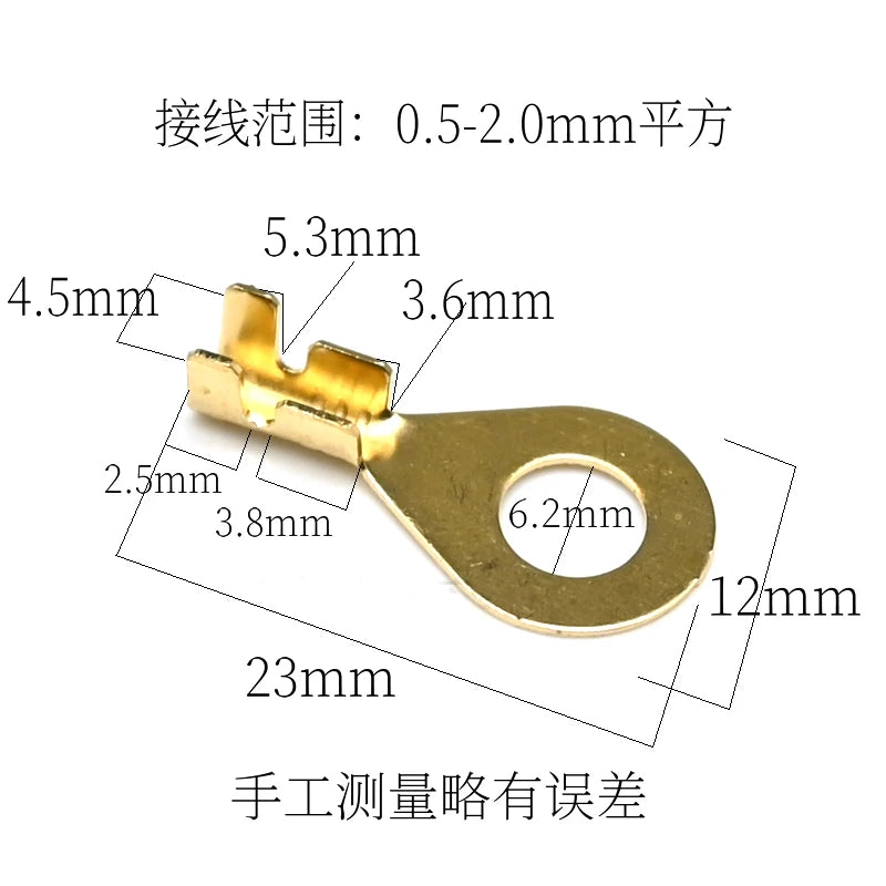 Round wiring plate, copper nose, OT terminal, pure copper H62, brass wiring nose, battery wire lugs, cold-pressed open nose