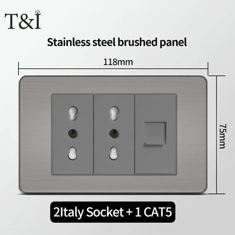 Stainless Steel Wall Socket 118x75mm Italian-Style with USB-C & Schuko Chilean Plug - Brushed Finish for Home/Office