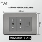 Stainless Steel Wall Socket 118x75mm Italian-Style with USB-C & Schuko Chilean Plug - Brushed Finish for Home/Office