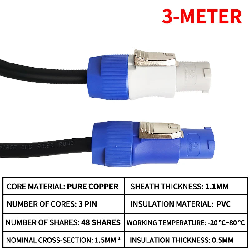 Weatherproof 3-Pin Power Cable (3×1.5mm²) for Stage Audio, Lighting Gear, Beam Projectors & LED Displays