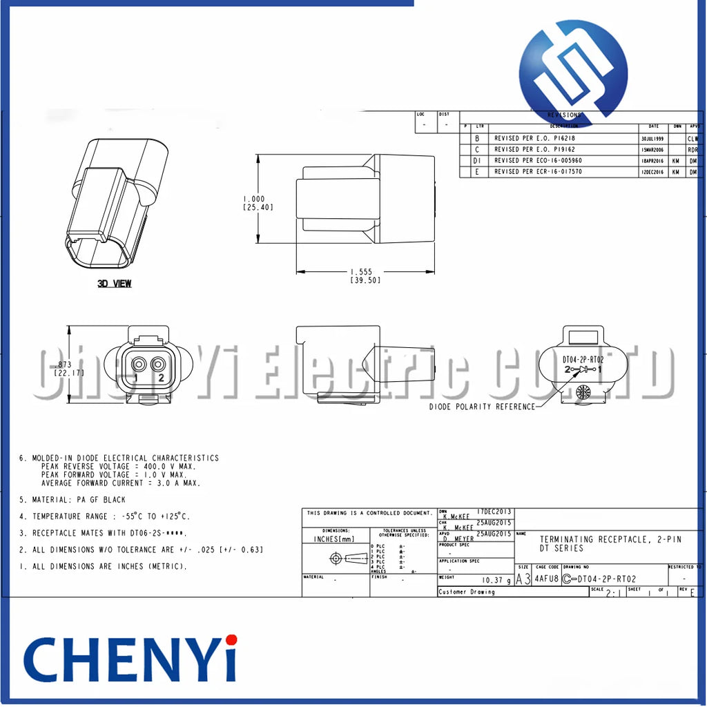 2 Pin Automotive connector Housing For DEUTSCH DT Male Pins Wire-to-Wire diode integrated components DT04-2P-RT01 DT04-2P-RT02