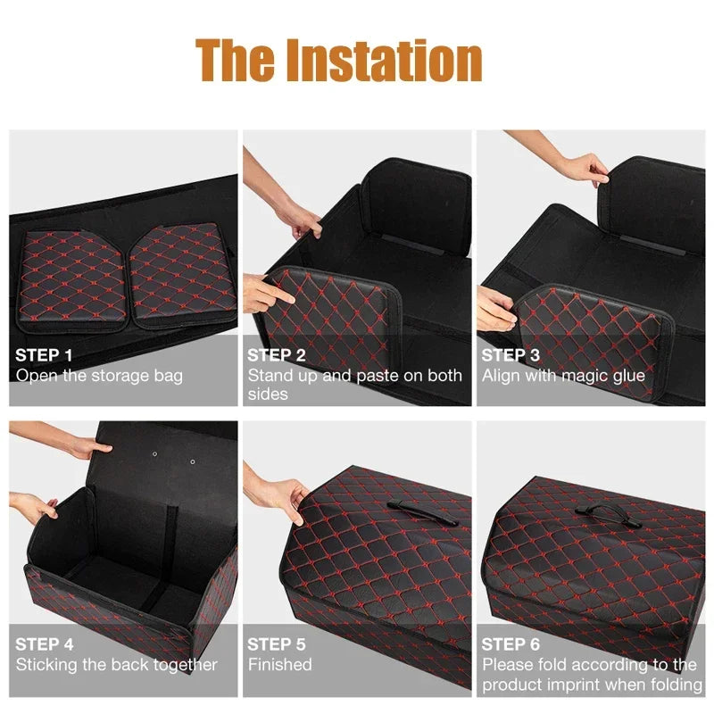 PU Leather Collapsible Car Trunk Organizer Durable Storage Box With White Stitching Vehicle Cargo Carrier With Handles amagi