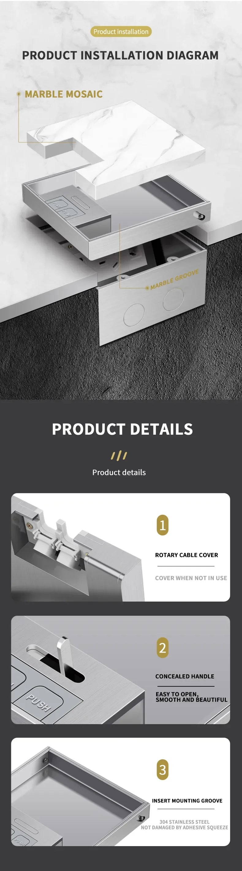 Stainless Steel Floor Socket Outlet, Hidden Flush Mount Electrical Floor Power Socket for EU US FR BR IL Standard Plug