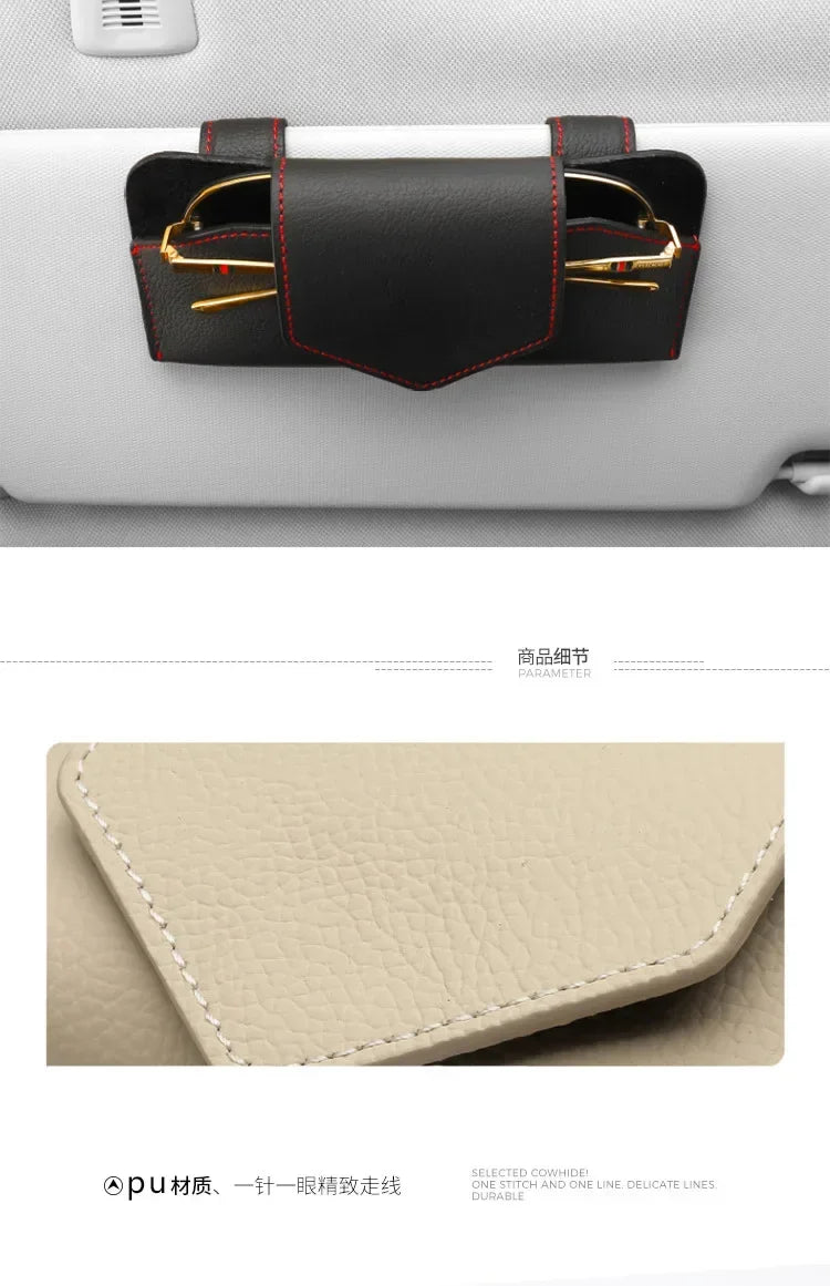 Car PU Leather Glasses Clip, Multi-Functional Sun Visor Holder, Sunglasses Box Storage Bag Clip, Car Interior Accessories Amagi