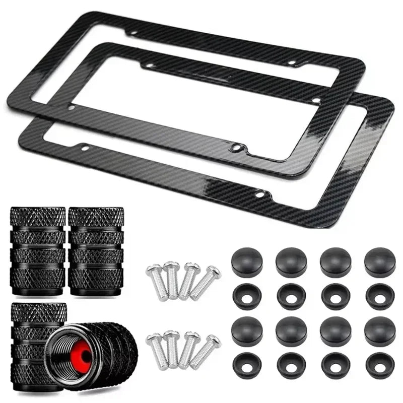 Black Carbon Fiber Pattern Plastic License Plate Frame Fiber Black Aluminum Metal Car Tag Holder Tire Screw Cap Universal Amagi