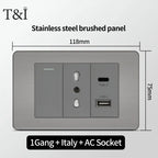 Stainless Steel Wall Socket 118x75mm Italian-Style with USB-C & Schuko Chilean Plug - Brushed Finish for Home/Office