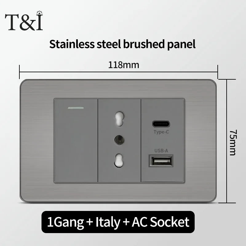 Stainless Steel Wall Socket 118x75mm Italian-Style with USB-C & Schuko Chilean Plug - Brushed Finish for Home/Office