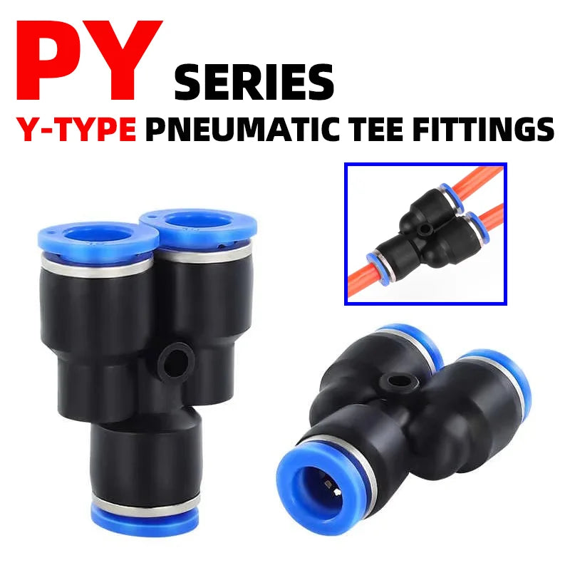 10pcs Y-Type Pneumatic Tee Fittings PY4-PY16 (4-16mm OD) - Push-In Quick Connect for Air/Water Hose, Blue Nylon & Brass