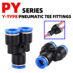 10pcs Y-Type Pneumatic Tee Fittings PY4-PY16 (4-16mm OD) - Push-In Quick Connect for Air/Water Hose, Blue Nylon & Brass