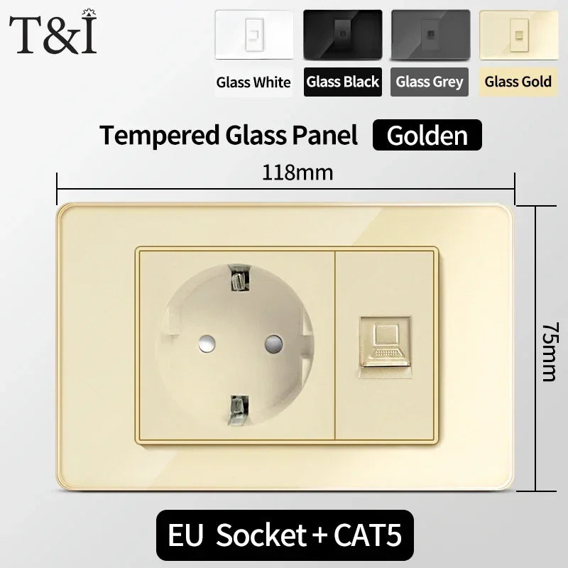 118-Style EU/CL Dual Socket with USB-C PD 20W - Tempered Glass Italy & Chile Outlet for Home/Office