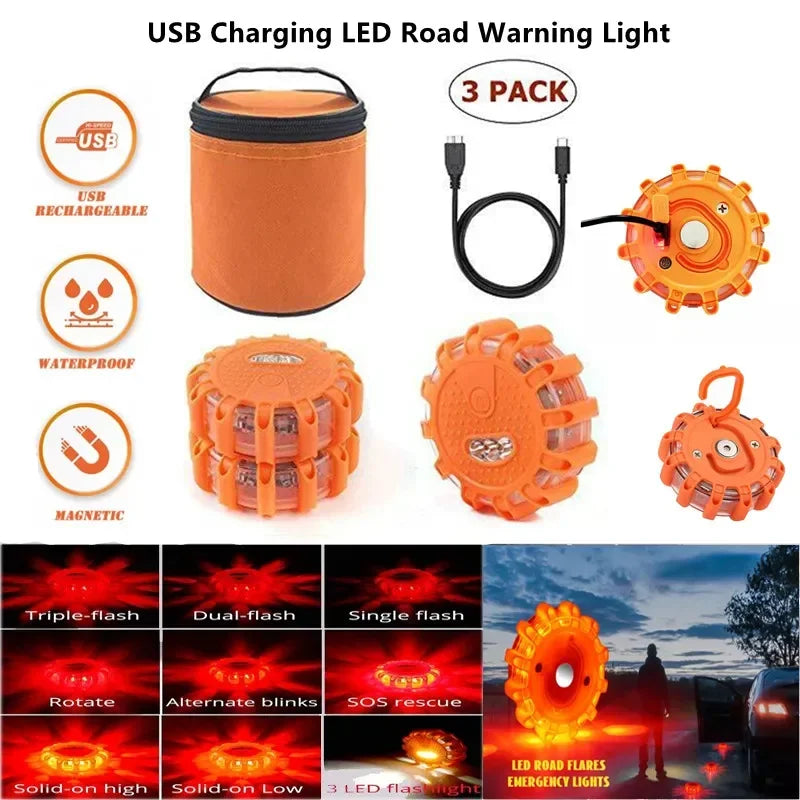 3 Pack LED Road Flares Emergency Warning Lights USB Rechargeable Magnetic Flashing Base Safety Disc for Roadside Assistance Amag