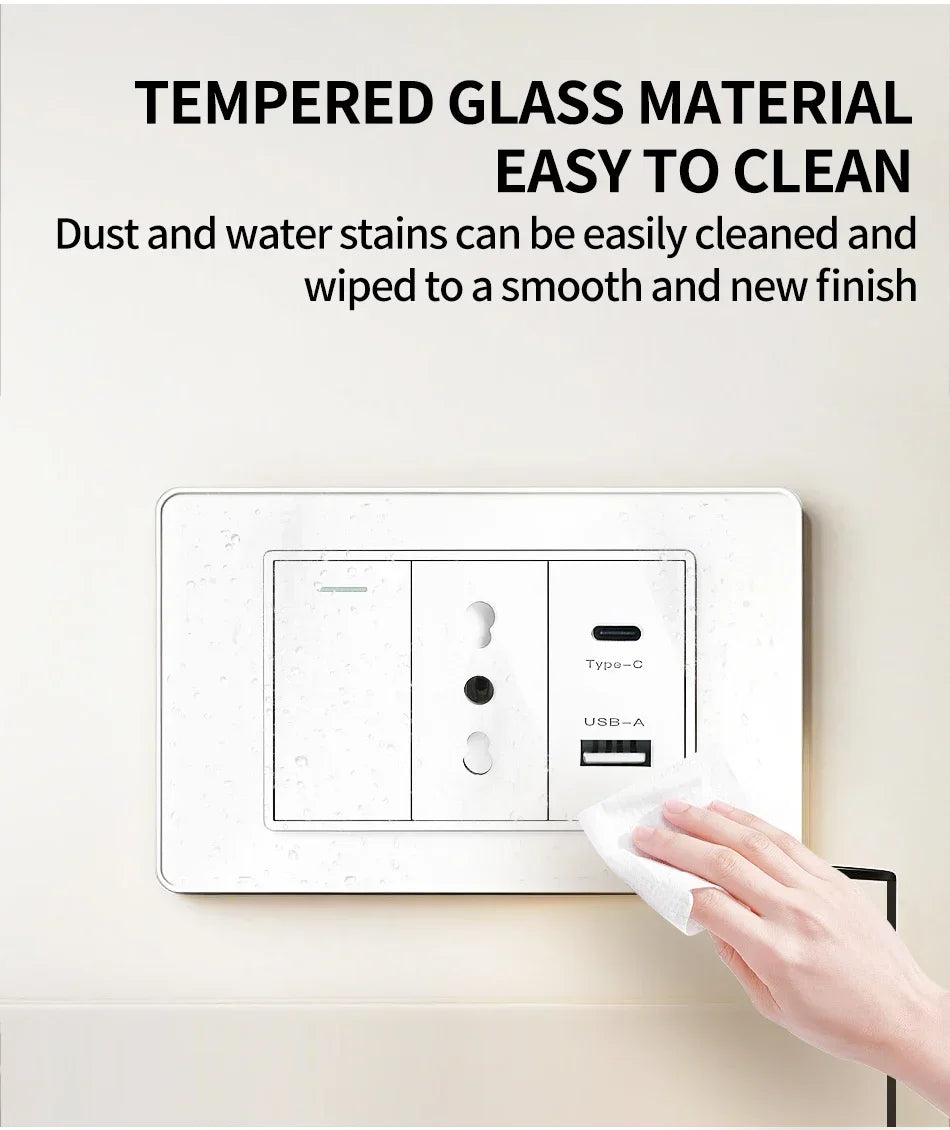 118x75mm Type-C Fast Charging Wall Socket Italy & Chile Schuko Outlet - Tempered Glass Panel Modern Design -Type Switch