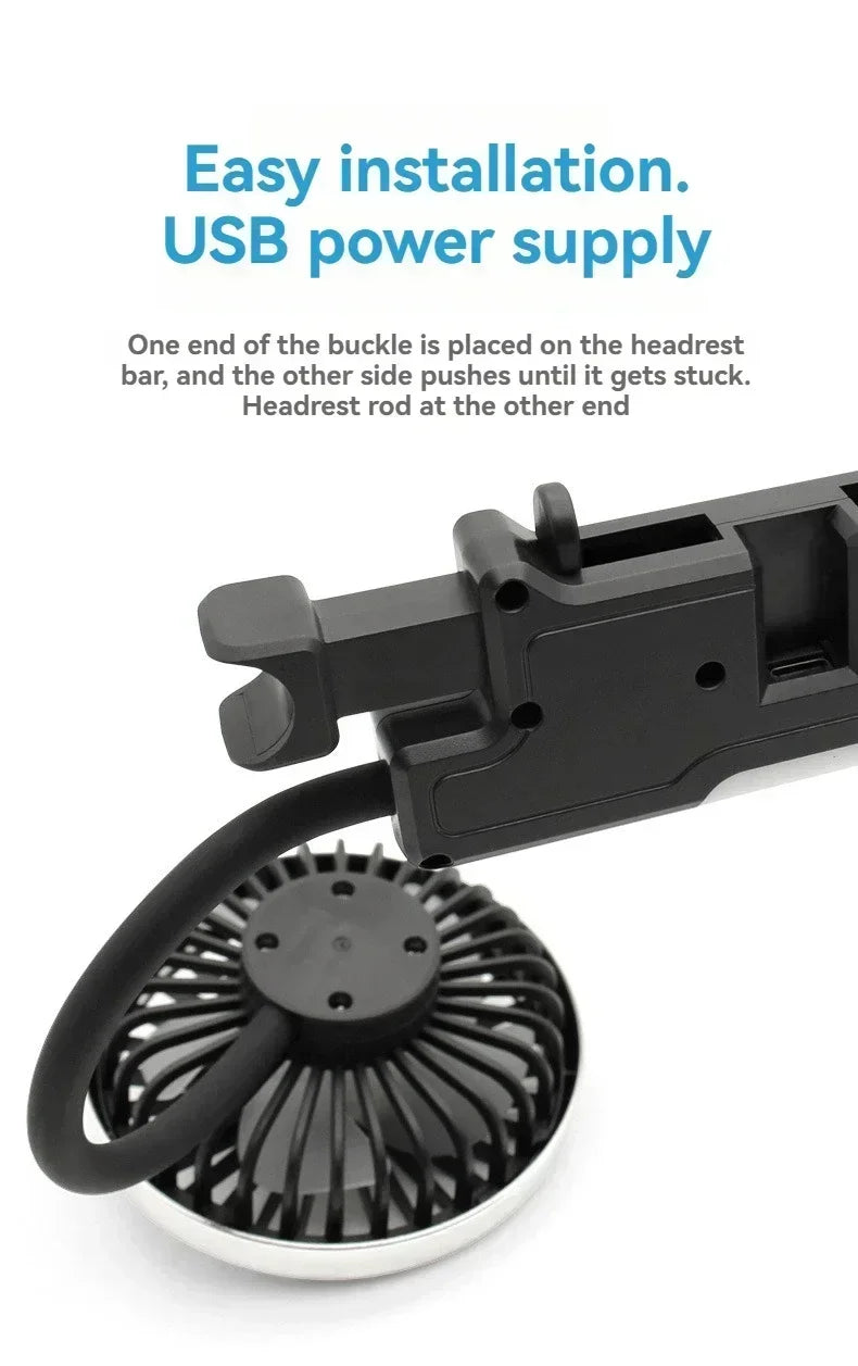 Car USB Fan Dual Head Cooling Air Hose Fan for Backseat 360°Rotation 3-Speed Auto Headrest Fan For Rear Seat Amagi