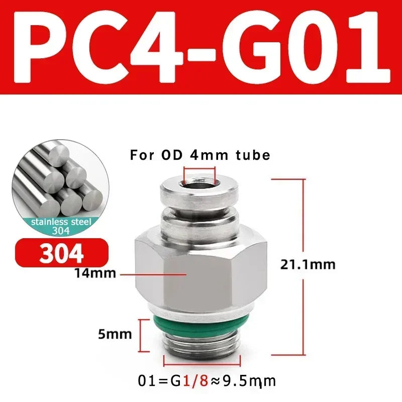 Stainless Steel PC-G Pneumatic Push-In Fitting, Straight Male G Thread Air Tube Connector for Air Compressor & Pneumatic Systems