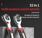 52-in-1 Car Tools Multifunctional Socket Wrench Set Metric 8-19mm SAE 5/16"-3/4 Non-Slip Handle 360 Degree Swivel Head Universal