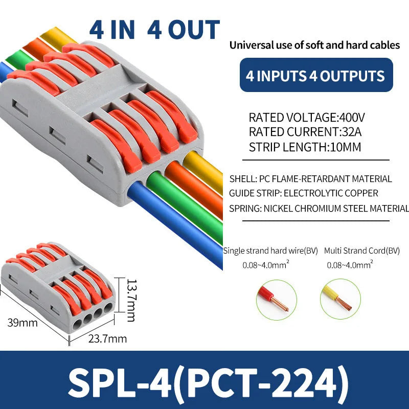SPL-42/62/63/82/93 3/2-in 8/6/4-out Fast Wiring Terminal Multi-functional Parallel and Branch Docking Terminal Wire Connector