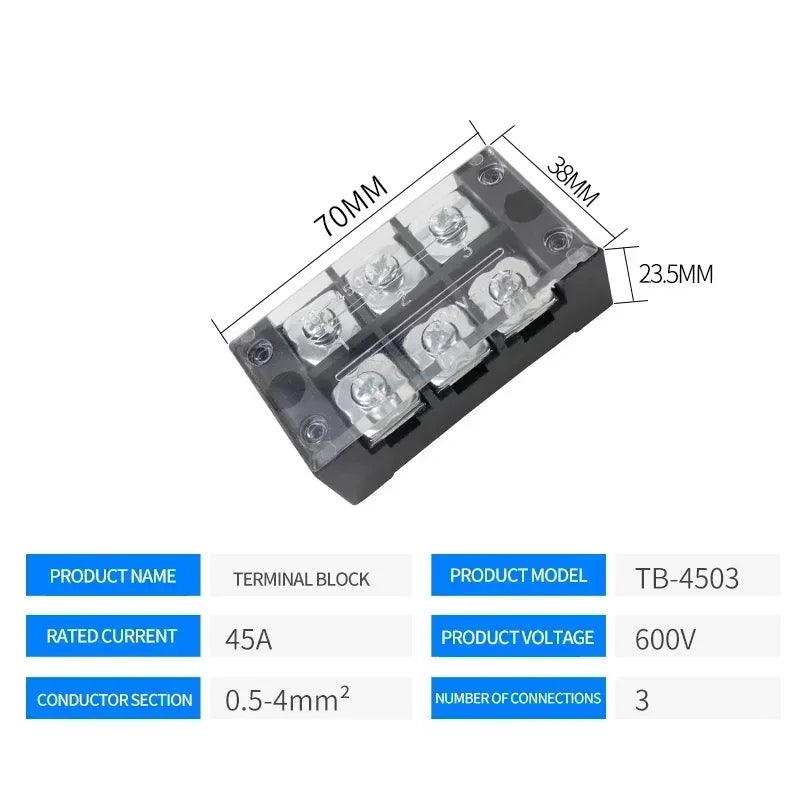 15A/25A/45A 600V Dual Row Barrier Terminal Block TB Series (3-12 Positions) Screw Connector for Electrical Panels TB1503 TB2512