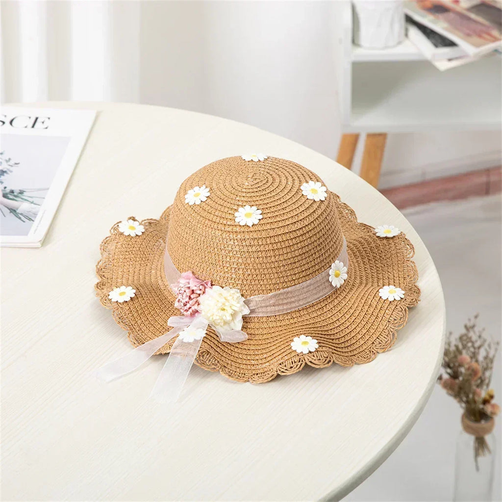 Girls' Straw Hat Bag Matching Travel Sun Hat Flower Children's Sun Hat Outdoor Fashion Fisherman Hat Sunscreen Hat Amagi