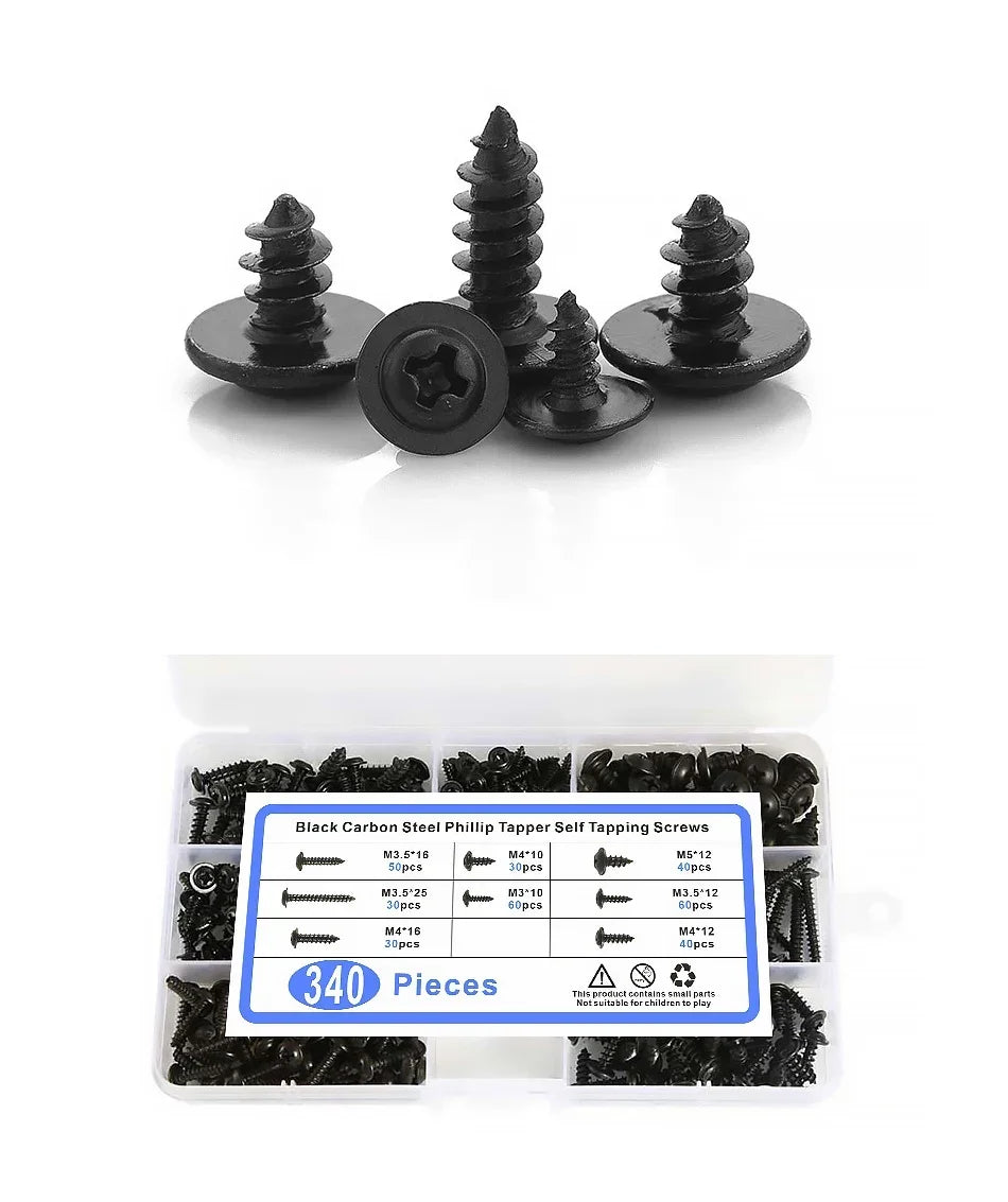 340PCS PWA Cross Self-Tapping Black Screw M3 M3.5 M4 M4.8 Carbon Steel Round Pan Head Tapping Screw with Washer Assortment Kit
