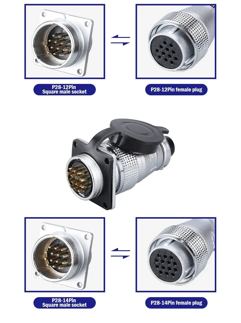 P28 Aviation Connector, Square Flange Socket, Male/Female Circular Butt Joint, 2/3/4/5/7/10/12/14/16/19/20/24 Pin, P28K2Q PLS28