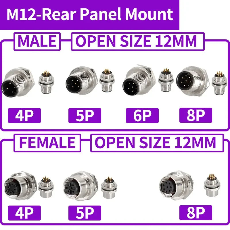 5/20 PCS M12 12mm Connector Aviation Panel Back/Front Mount Flange Socket Sensor Connector IP67 Waterproof Straight/Right Angle